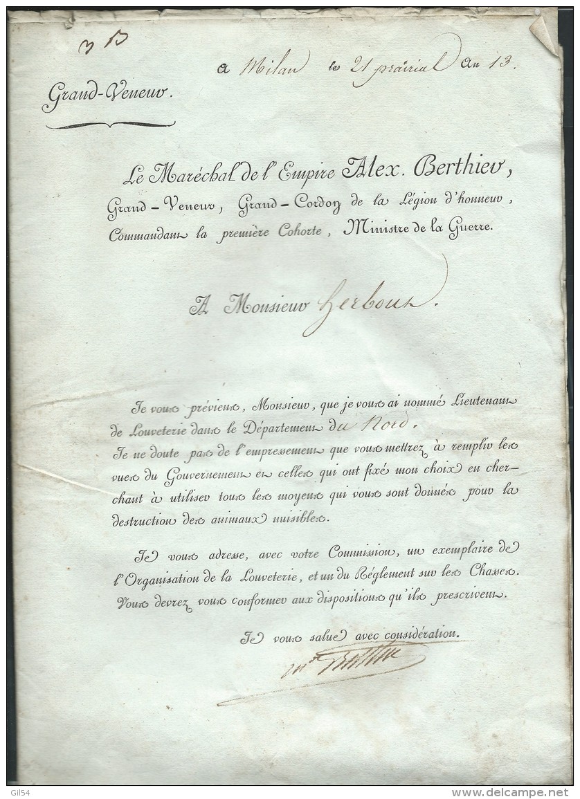 Nomination Par Marechal Bertiev De Mr Herbout Comme Lieutenant De Louveterie ( Dpt Nord) On Joint Lire Detail - Documenti Storici