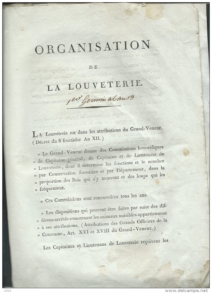 Nomination Par Marechal Bertiev De Mr Herbout Comme Lieutenant De Louveterie ( Dpt Nord) On Joint Lire Detail - Documenti Storici