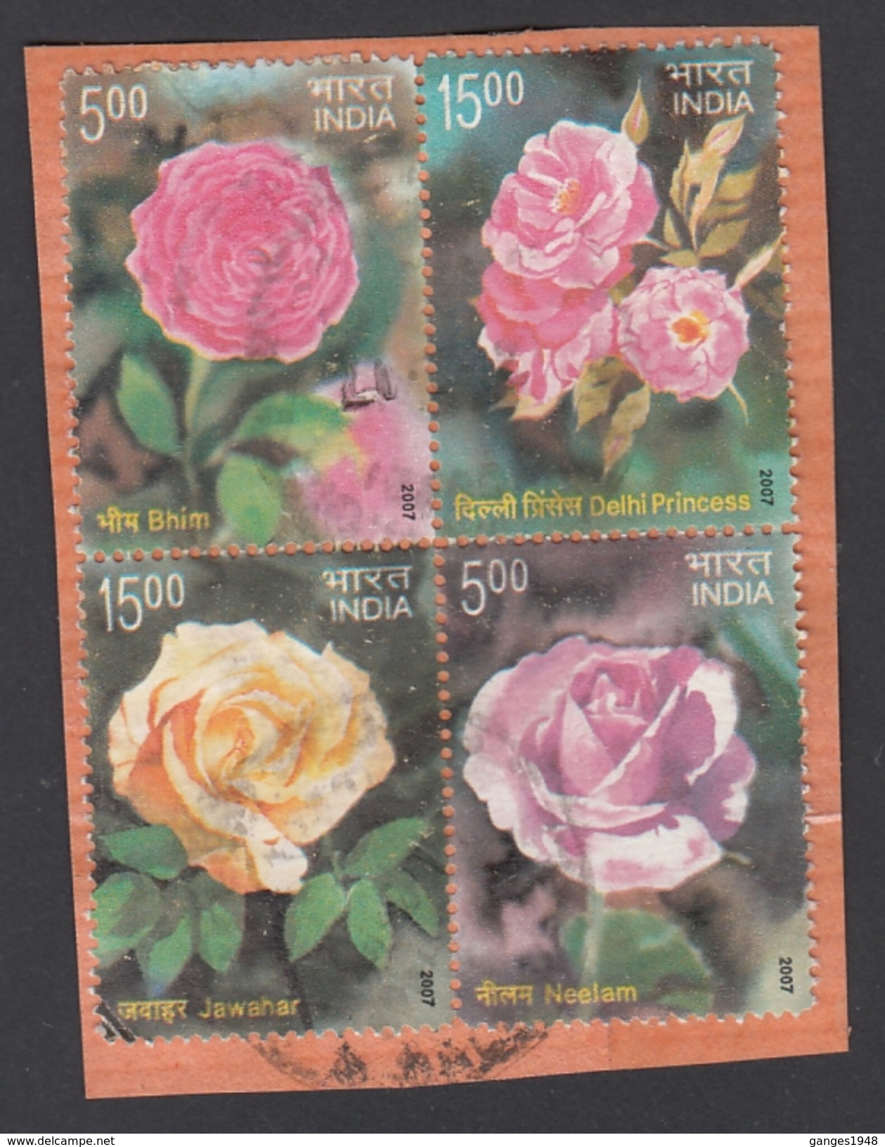 India  2007  Roses  Flowers  4v  Used Se-tenent  Block Of 4 Stamps  #  94172   Inde  Indien - Used Stamps