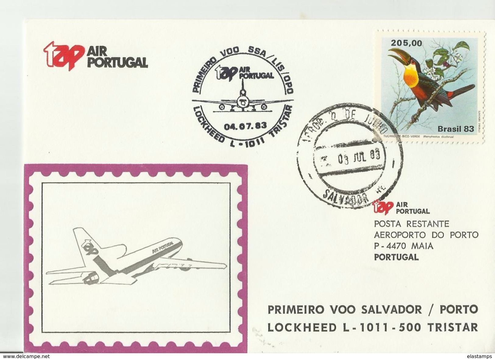 PORTUGAL Erst Flug Salvador-Porto 1983 - Lettres & Documents