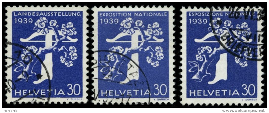 SCHWEIZ BUNDESPOST 347,351,355 O, 1939, 30 C. Landesausstellung, Alle 3 Sprachen, 3 Prachtwerte, Mi. 36.- - Used Stamps