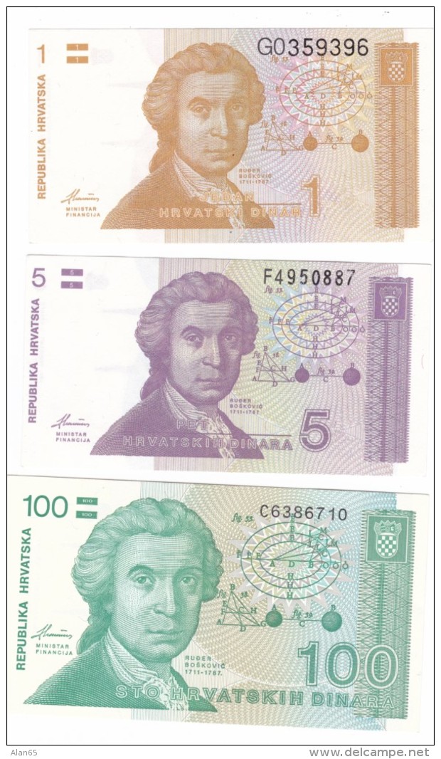 Lot Of 3 Croatia #16 #17 #20 1 Dinar 5 Dinar 100 Dinar 1991 Issue Banknotes Currency Money - Croatia