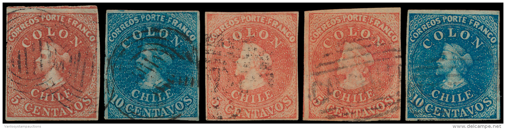 Chili : 1853/1866, 5 Zeer Mooie Zegels ' - Verzamelingen (in Albums)