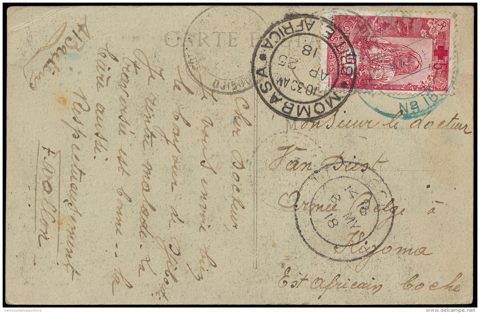 1918, Somalis Postkaart Naar Belgisch Le - Brieven En Documenten