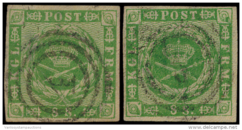 N&deg; 9 '1858, 8 S Groen' (2x) Volrandige E - Oblitérés