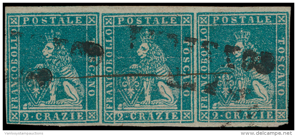 N&deg; 5 '1851, 2 Cr Blauw' (strip Van 3) Vo - Toscane