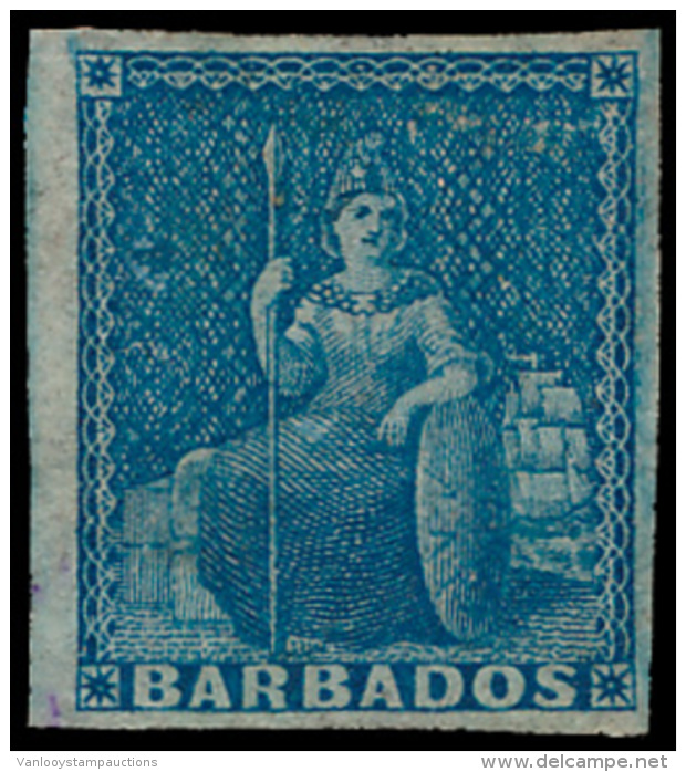 Barbados : N&deg; 3 '1852 (1d) Blue' No Gum, - Barbados (...-1966)