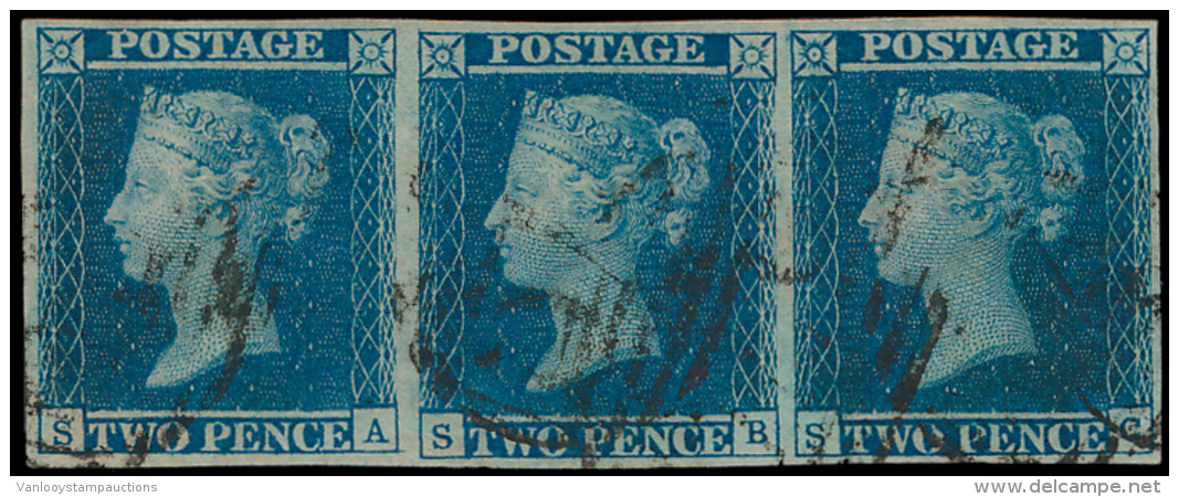 N&deg; 14 '1841 2d Blue' Zeer Mooie Strip Va - Gebruikt