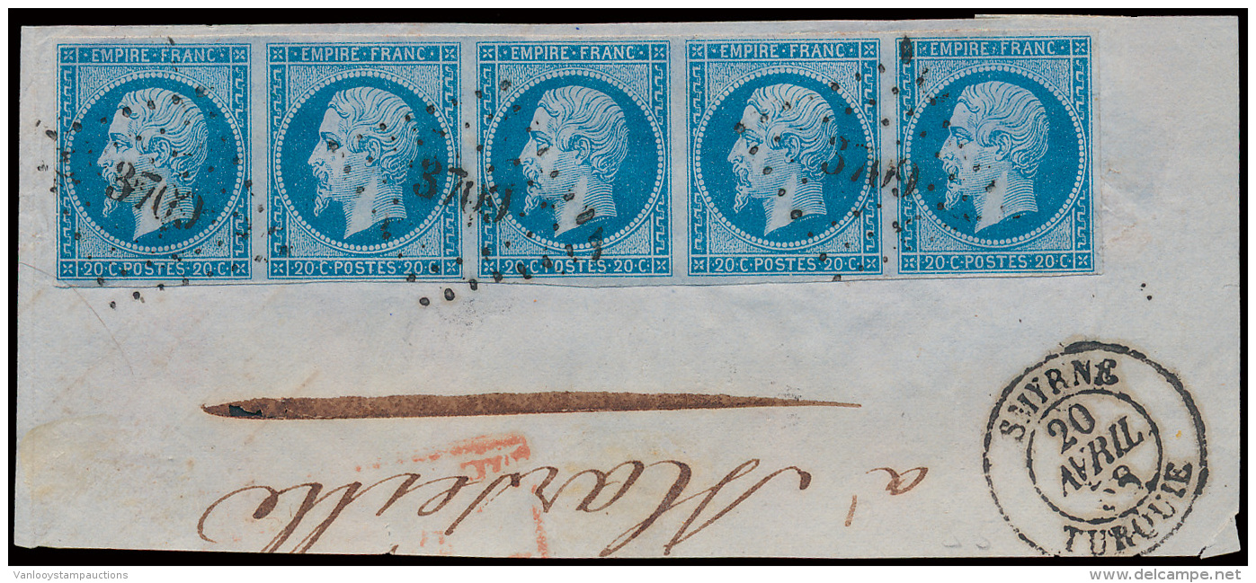 N&deg; 14Ac  '20c Bleu Sur Azur&eacute;' (strip Van - 1852 Louis-Napoleon