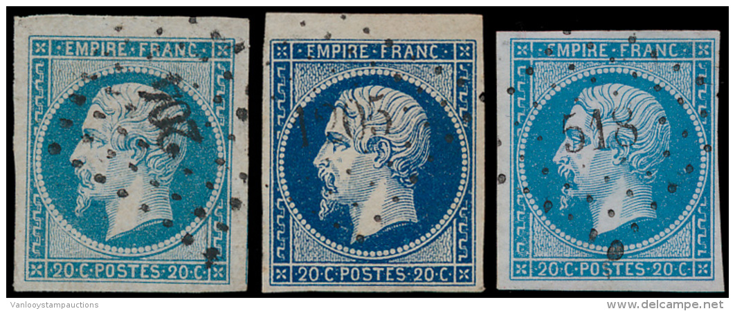 N&deg; 14A (2x) En 14 B '20c Bleu', Met Afst - 1852 Louis-Napoleon