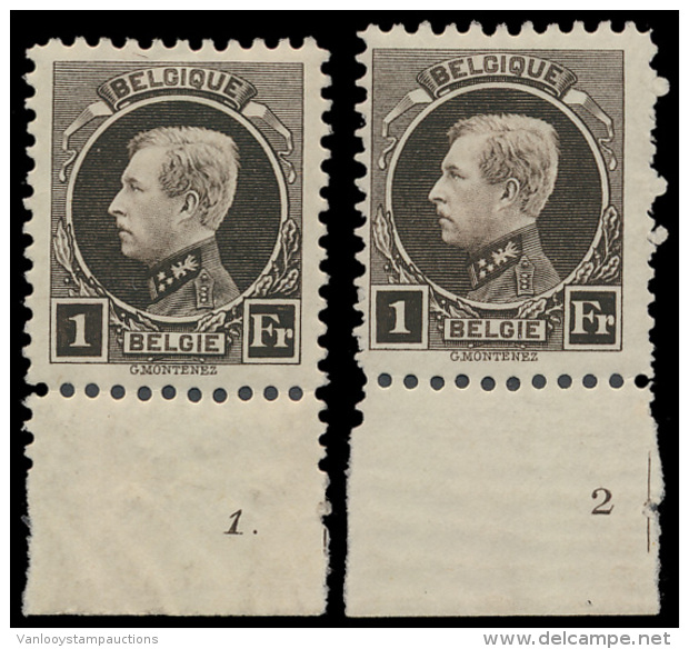 N&deg; 214 B '1F Zwartbruin' (2x), Plaatnr. - 1921-1925 Kleine Montenez