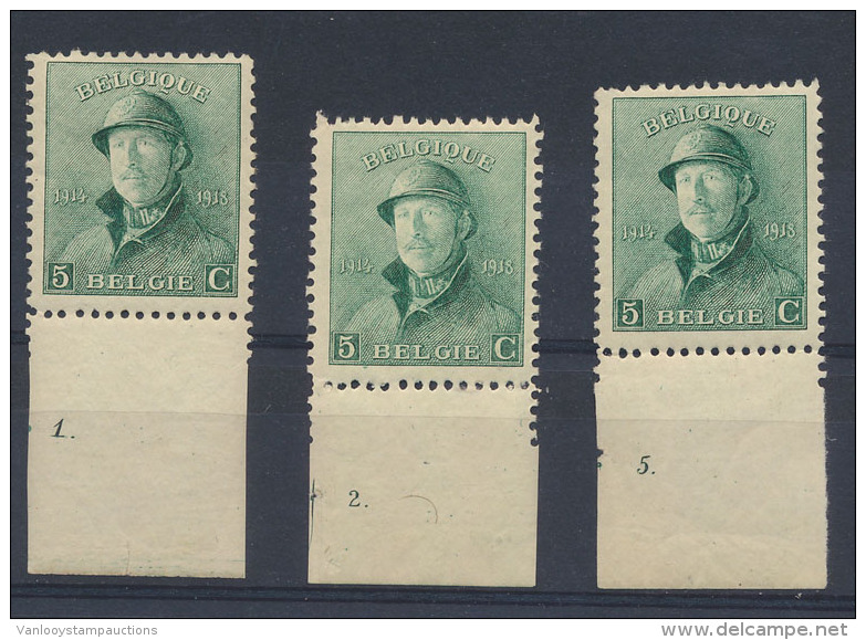 N&deg; 167 '5c Groen' (3x), Plaatnrs. 1*, 2* - 1919-1920 Albert Met Helm