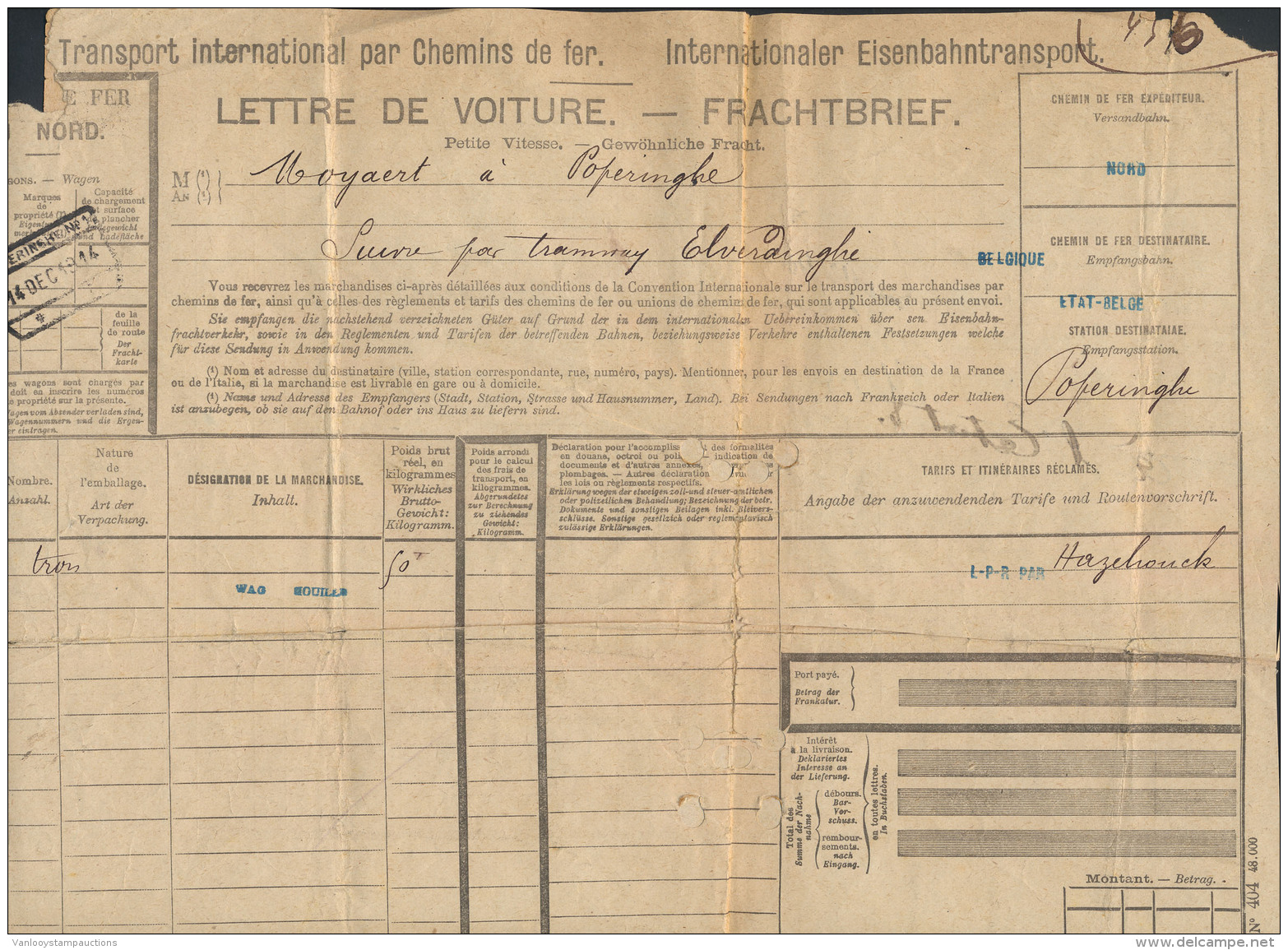 1914, Onbezet Belgi&euml;, Vrachtbrief Haezeb - Andere & Zonder Classificatie