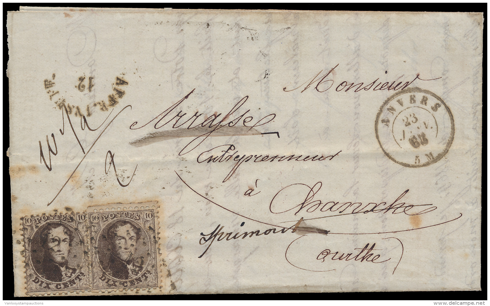 N&deg; 14 (2x), Op Brief Uit PT. 12 Anvers N - 1863-1864 Medaillons (13/16)