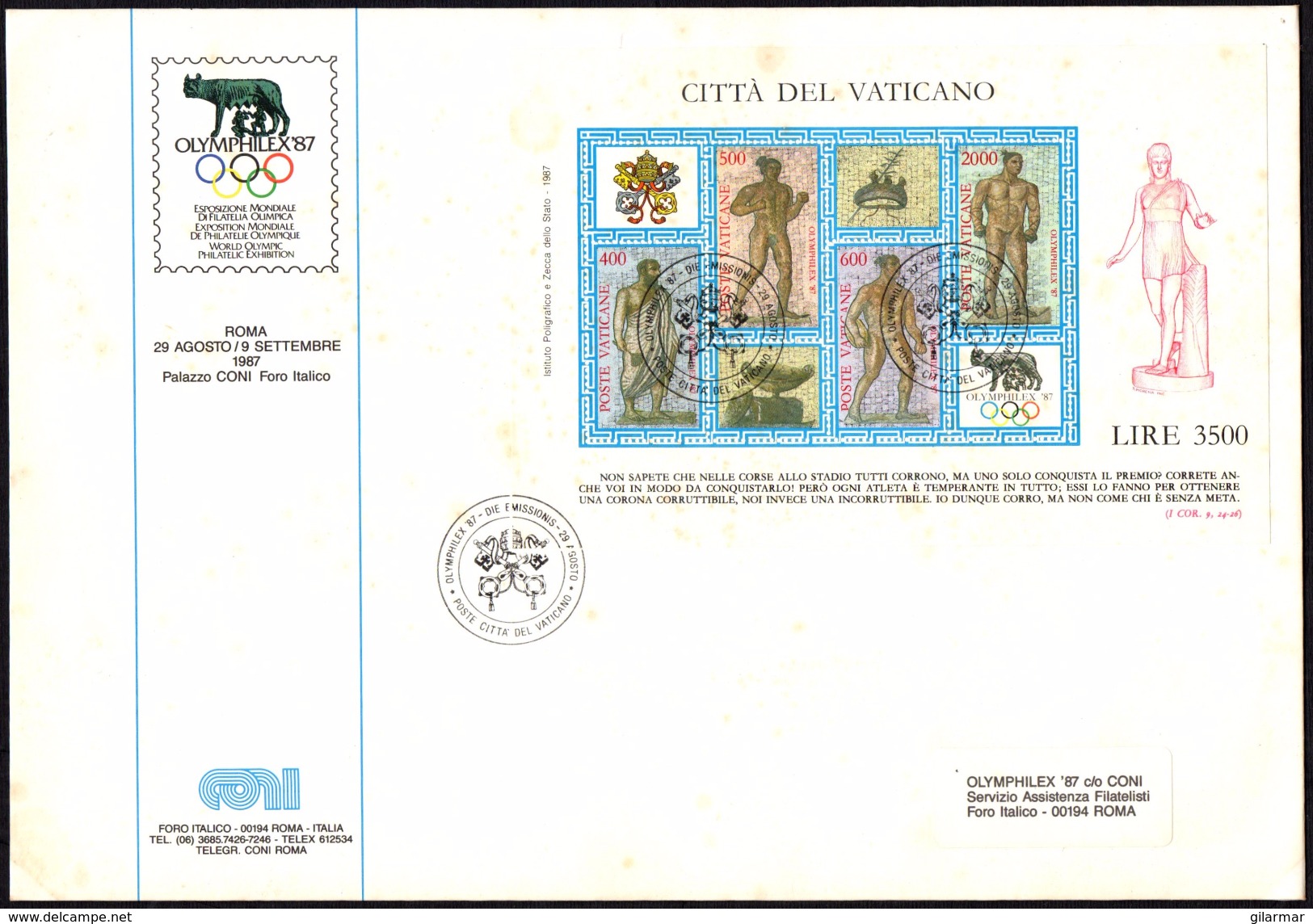 OLYMPIC GAMES -  VATICAN CITY 1987 - WORLD OLYMPIC PHILATELIC EXHIBITION - OLYMPHILEX ´87 - FDC - Sommer 1988: Seoul