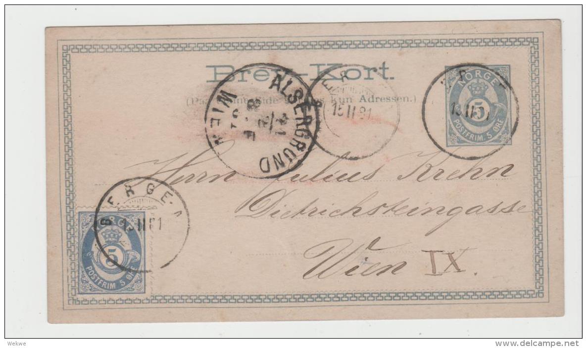 Nor081 /  Norwegen, Brev Kort 1881, Bergen - Wien, Aufgewertet 5 Öre Marke - Briefe U. Dokumente