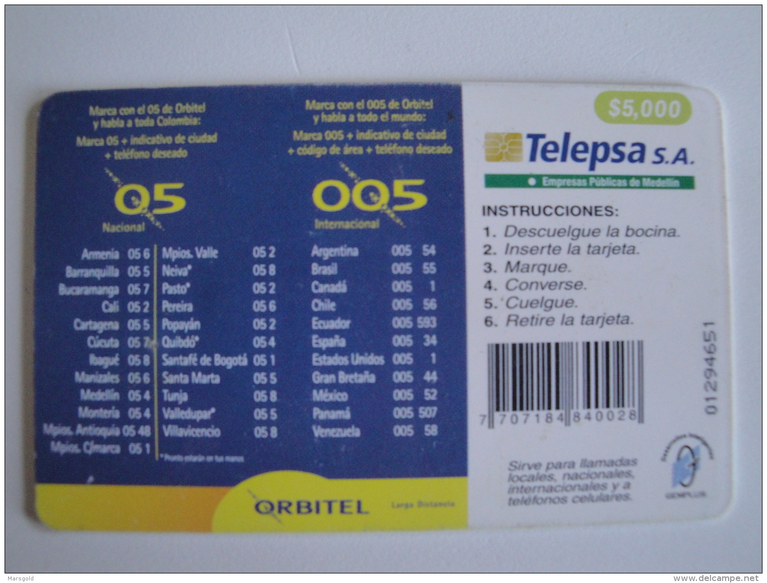 1 Chip Phonecard From Colombia - Telepsa - Public Phone - Colombia