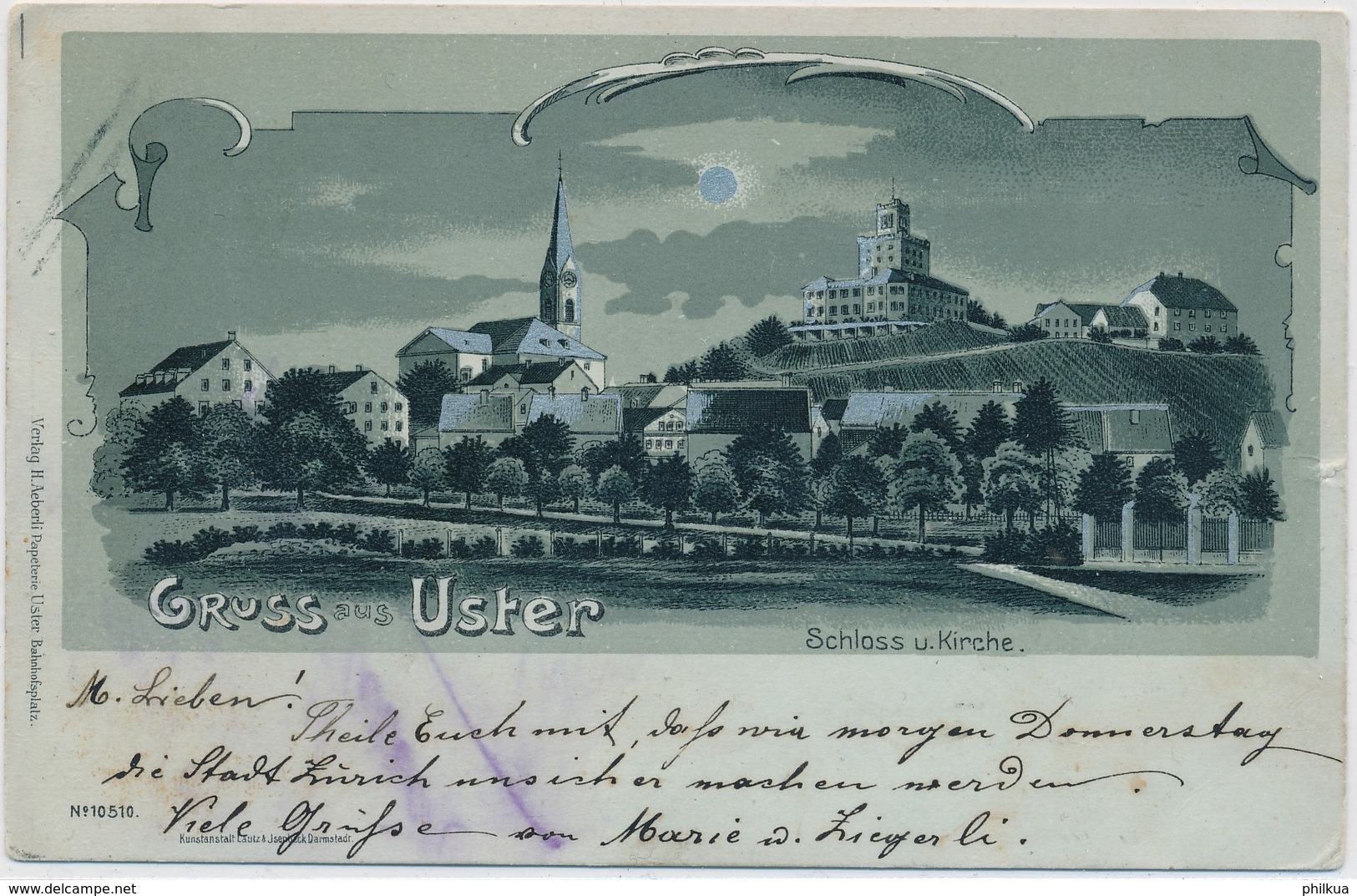 1900 - Uster Gruss Aus - Verlag Lautz 10510 AK Mondschein Lithographie Zudruck H.Aeberli Papeterie Uster Bahnhofplatz - Uster