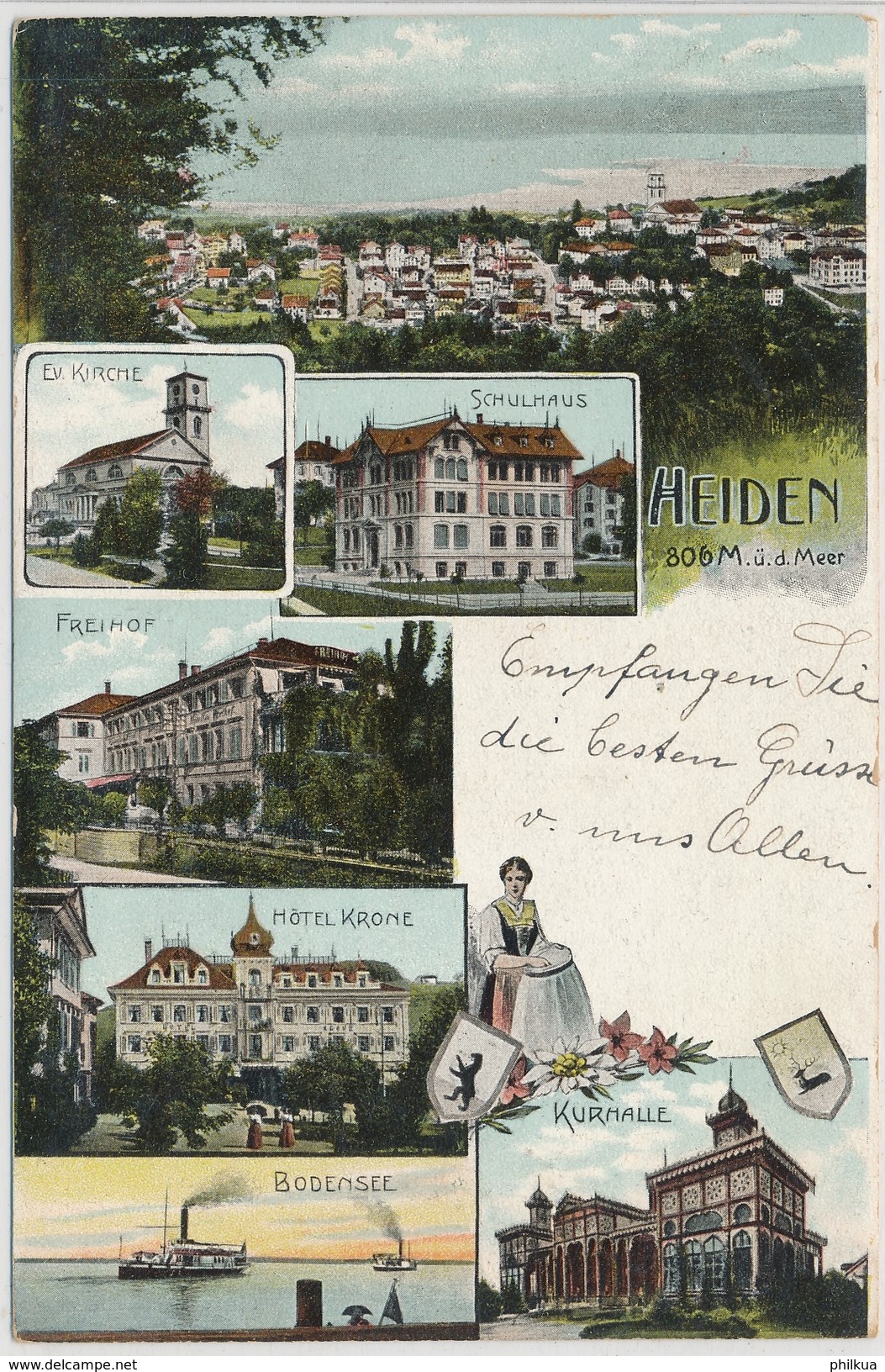 1906 - Heiden Nr. 1500 - Mehrfachbilder, Schulhaus, Hotel Krone, Freihof, Kurhalle, Evangelisch Kirche Verlag Künzli - Heiden