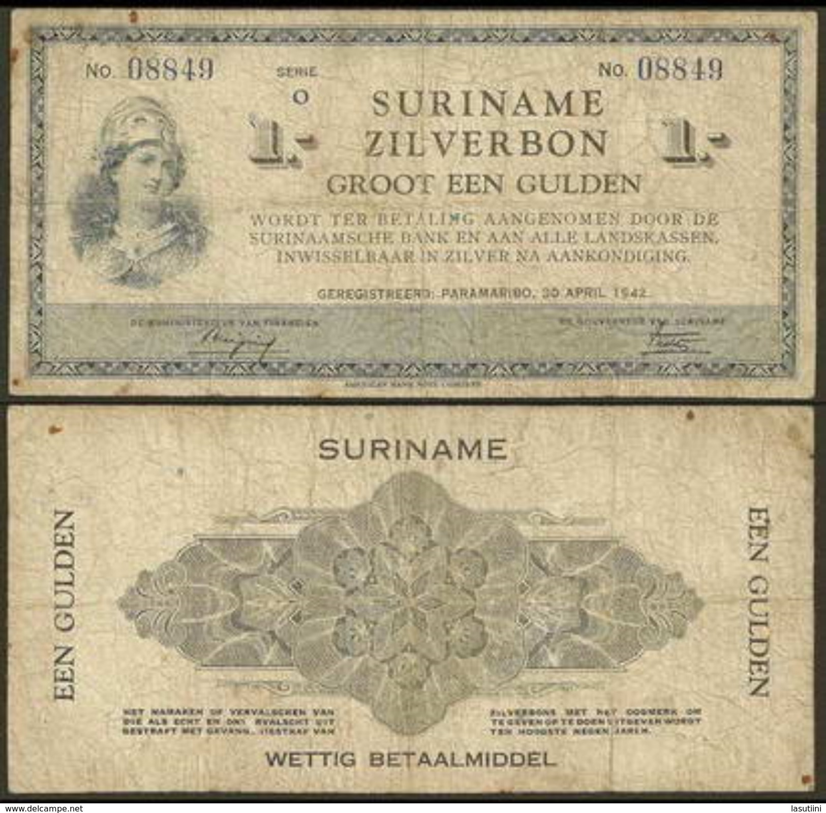 1942 Surinam 1 Gulden P105 F-VF - Suriname