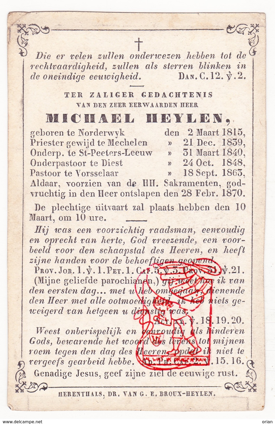 DP ZEH Michael Heylen ° Norderwyk Noorderwijk Herentals 1815 &dagger; Vorselaar 1870 Mechelen Sint-Pieters-Leeuw Diest - Images Religieuses