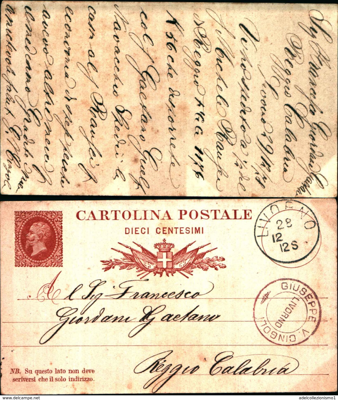 88251) Intero Postale  Da 10 C.effige Del Re-rosso Bruno- Da Livorno A Reggio Calabria Il  9/12/1878 - Postwaardestukken