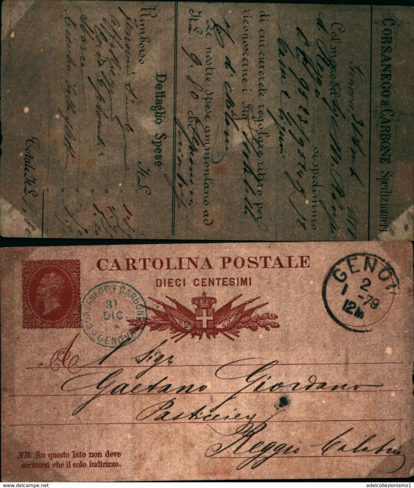 88252) Intero Postale  Da 10 C.effige Del Re-rosso Bruno- Da Genova A Reggio Calabria Il  2/1/1879 - Postwaardestukken