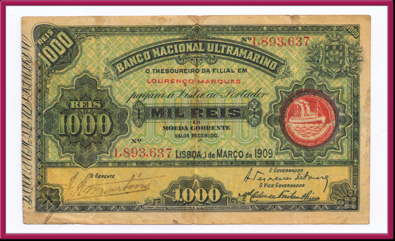 Mozambique Portugal- 1000 Reis .Dt 1.03.1909 ~ Pick 33 Seal Type III. Scarce - Portugal