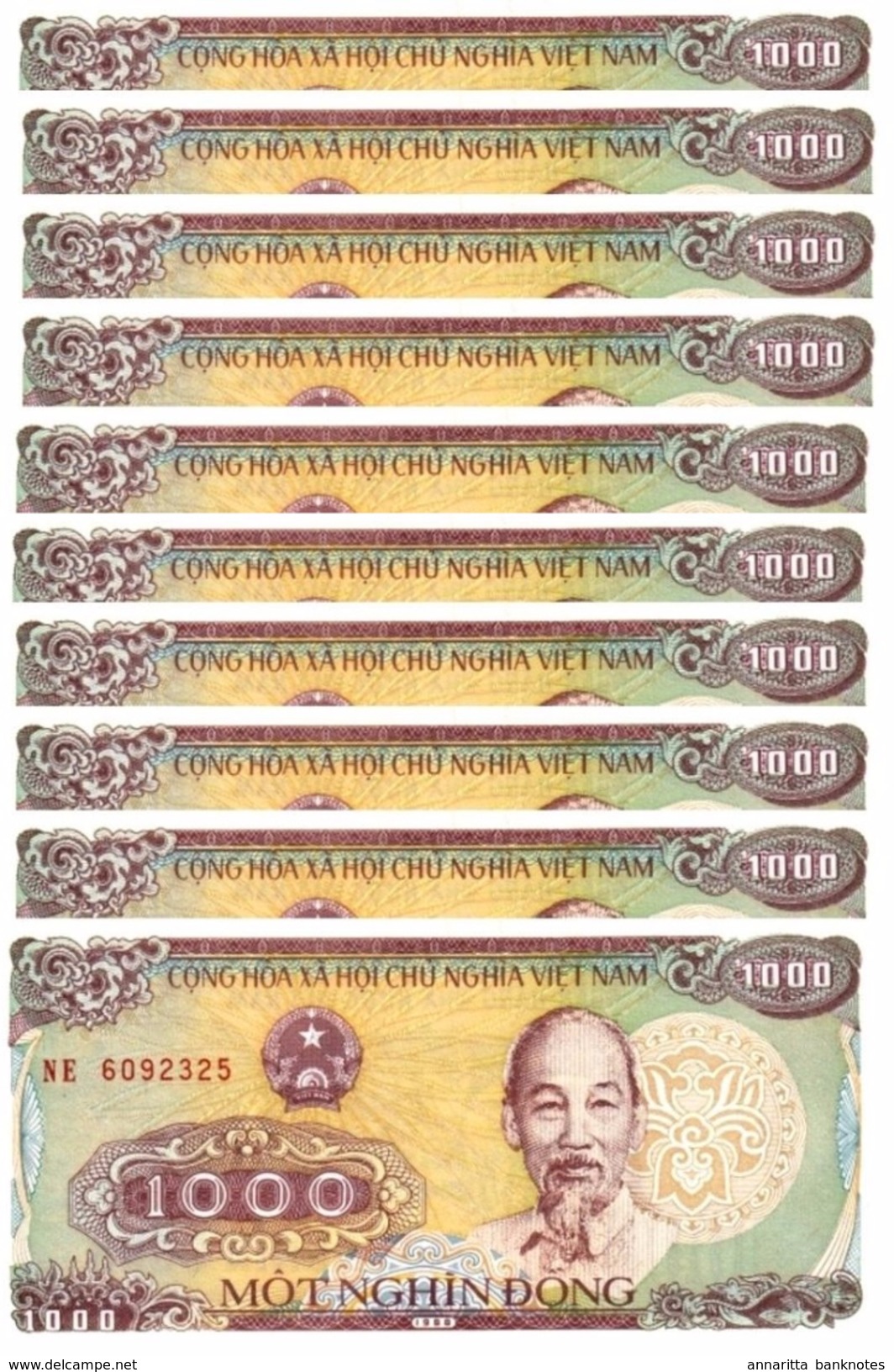 Vietnam 1000 Đồng 1988 (1989), Small S/N UNC, P-106a, VN B334a (10 Pcs) - Vietnam