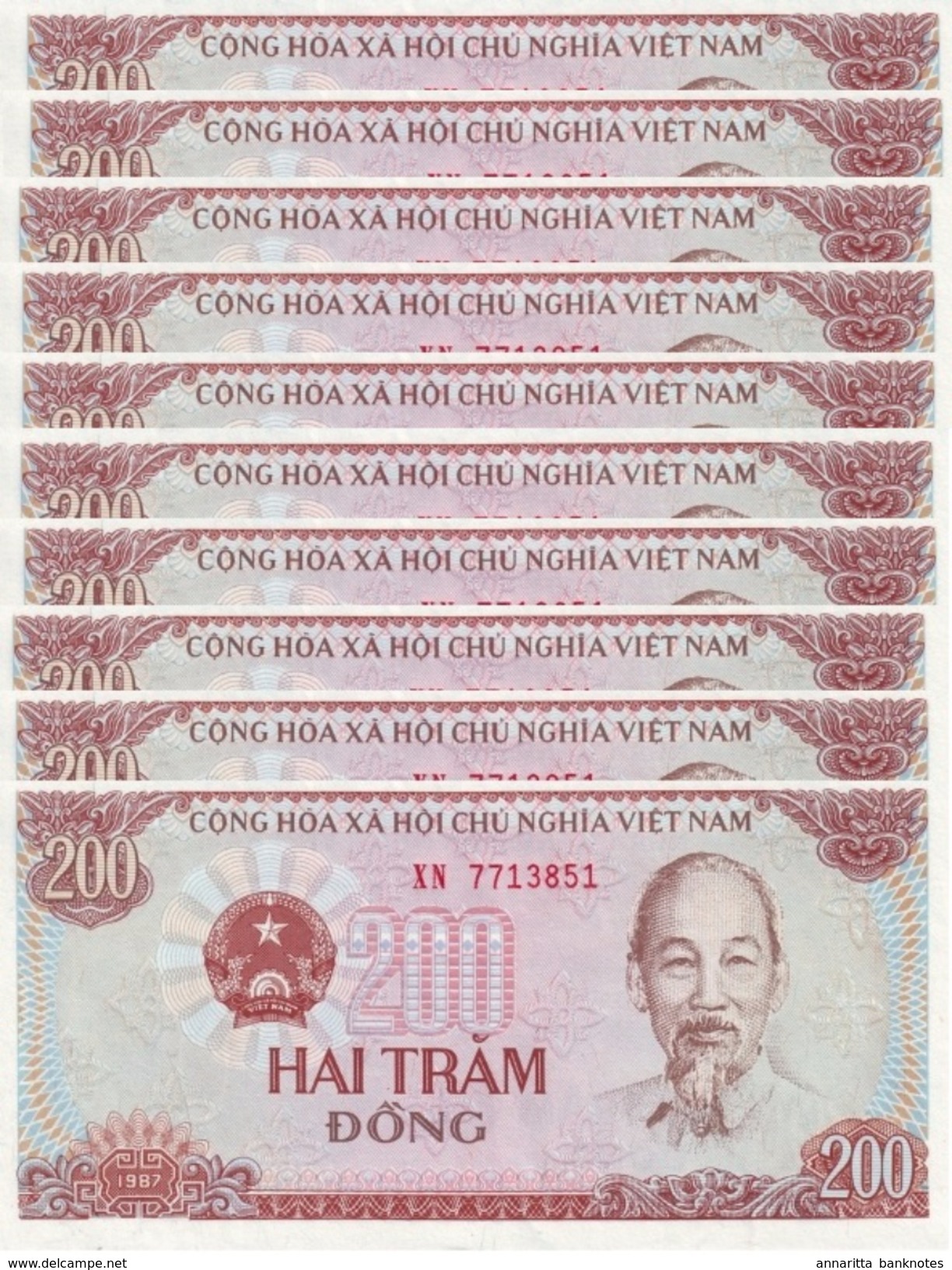 VIETNAM 200 DONG 1987 P-100a UNC SMALL SERIAL S/N 10 PCS [VN328a] - Viêt-Nam