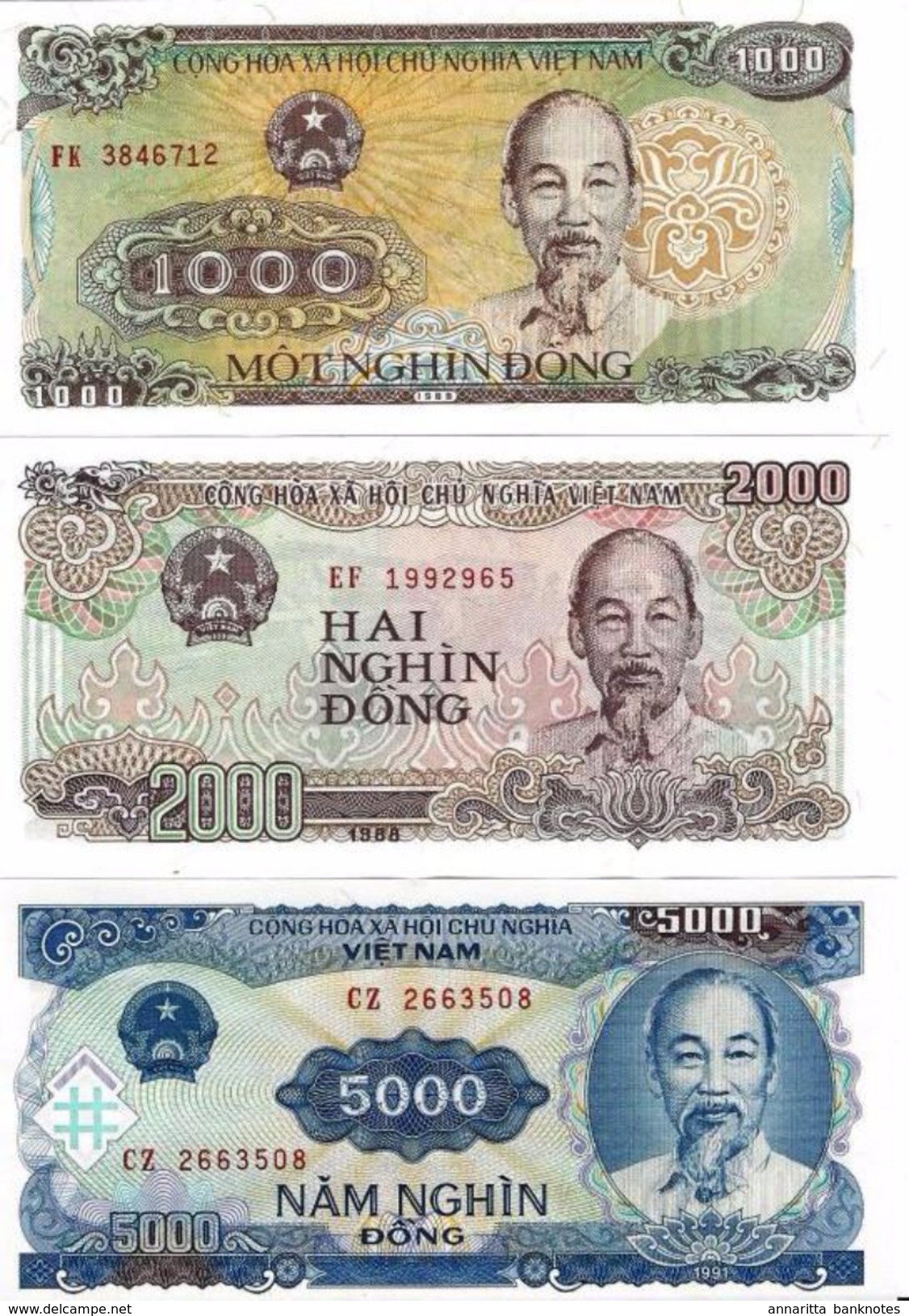 Vietnam 1000 2000 5000 Đồng 1988-1991 P-106,107,108 UNC Set - Vietnam