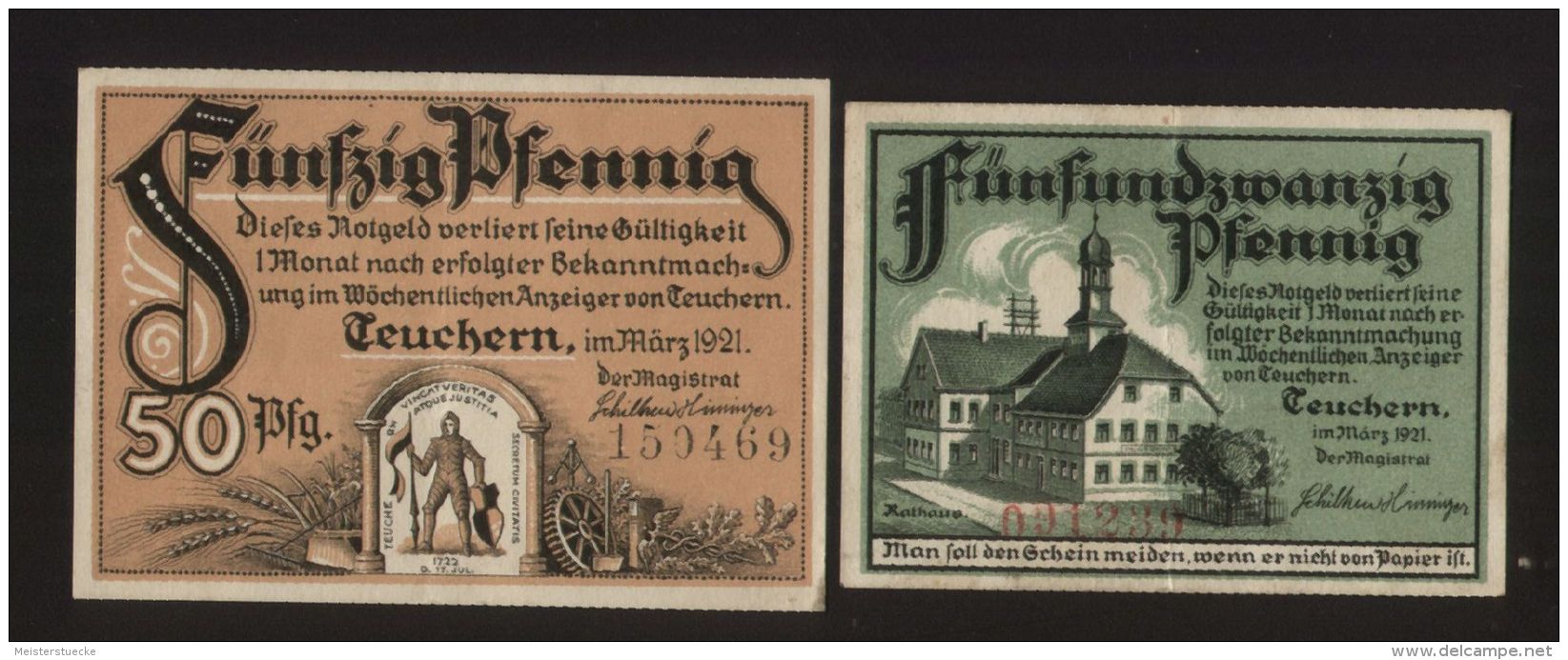 Notgeld - Stadt Teuchern - 25 Pf. + 50 Pf Geldschein - Vom März 1921 - Lokale Ausgaben