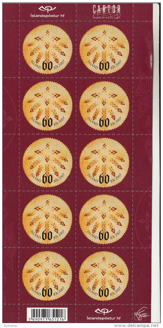 Iceland MNH 2007 Scott #1125 Sheet Of 10 60k Icelandic Leaf Bread Pattern - Christmas - Unused Stamps