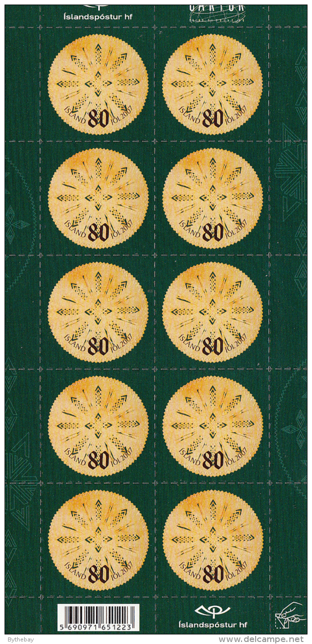 Iceland MNH 2007 Scott #1126 Sheet Of 10 80k Icelandic Leaf Bread Pattern - Christmas - Unused Stamps