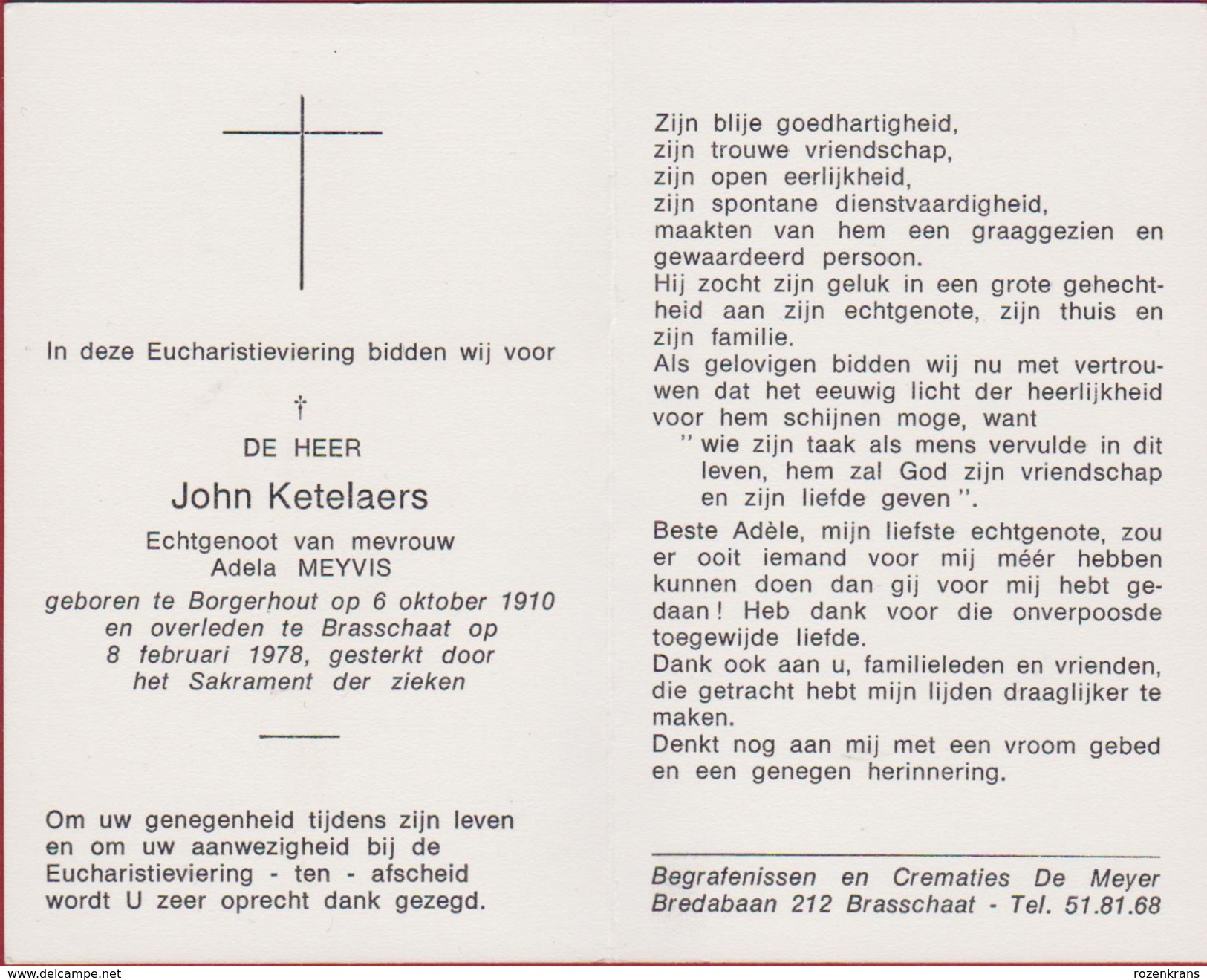 John Ketelaers Adela Meyvis Borgerhout Brasschaat 1910 1978 Doodsprentje Image Mortuaire - Images Religieuses