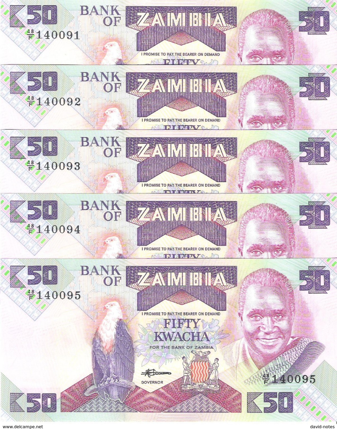 Zambia - Pick 28a - 50 Kwacha 1986-1988 - Unc - Lot X 5 Pcs Consecutive - Zambie