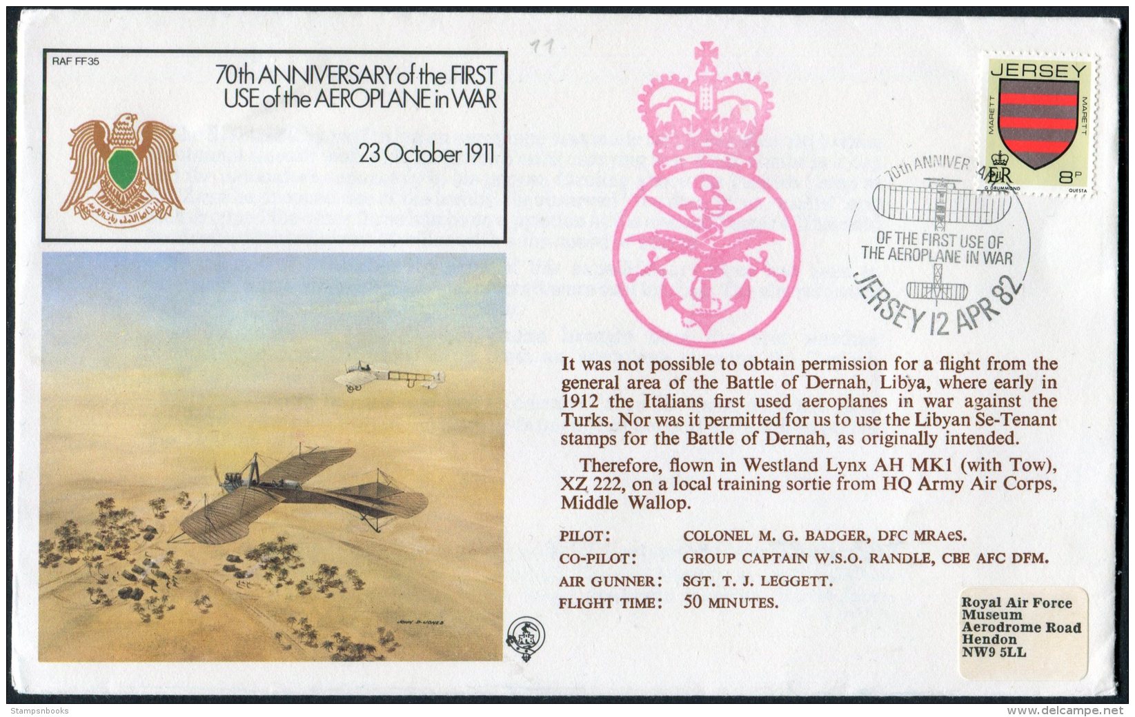 1982 Jersey RAF FF35 Middle Wallop, Battle Of Dernah WW1 Libya, Westland Lynx Flight Cover - Jersey