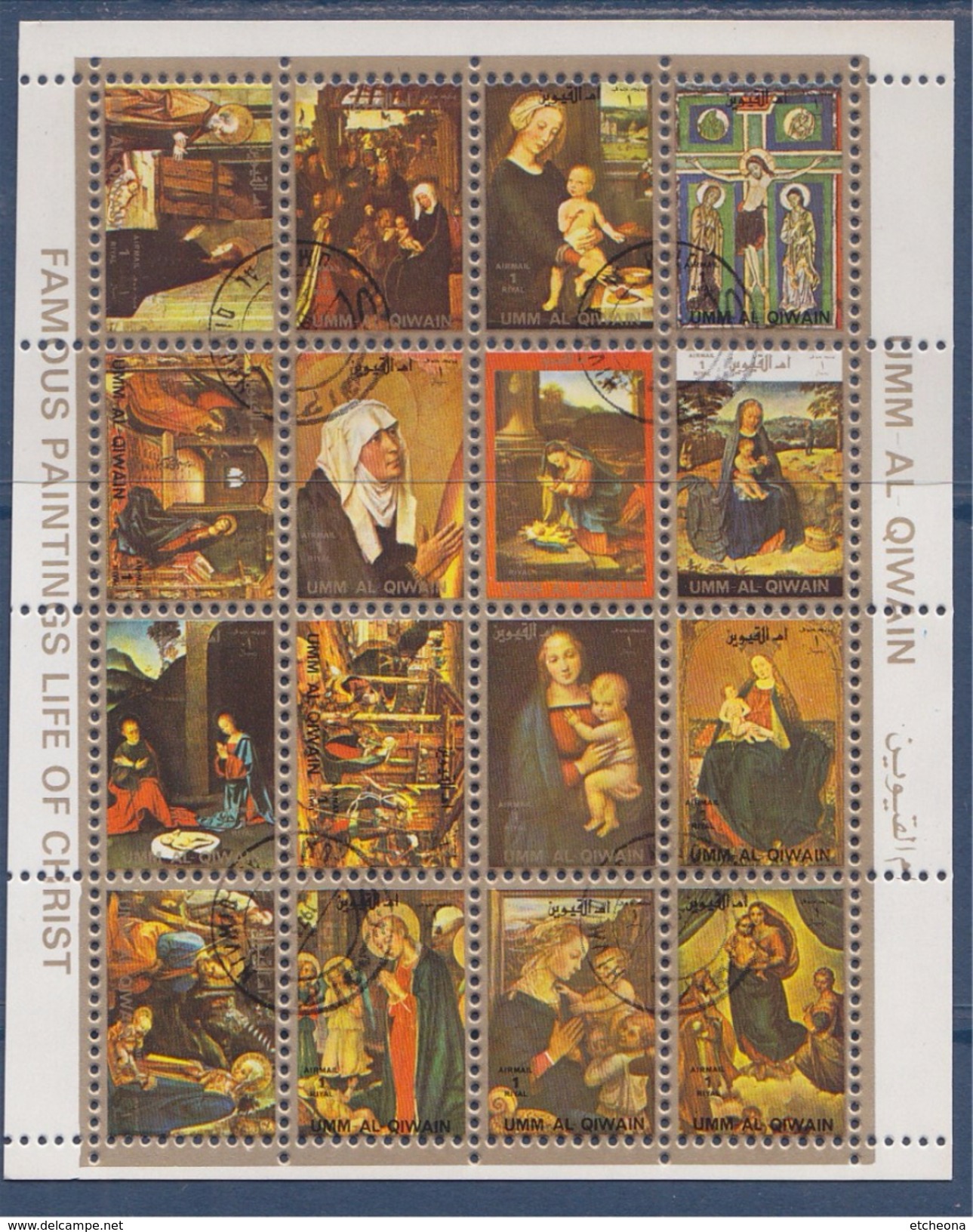 = Bloc Oblitéré 16 Timbres UMM AL QIWAIN Peintures Célèbres Sur La Vie De Christ - Cuadros