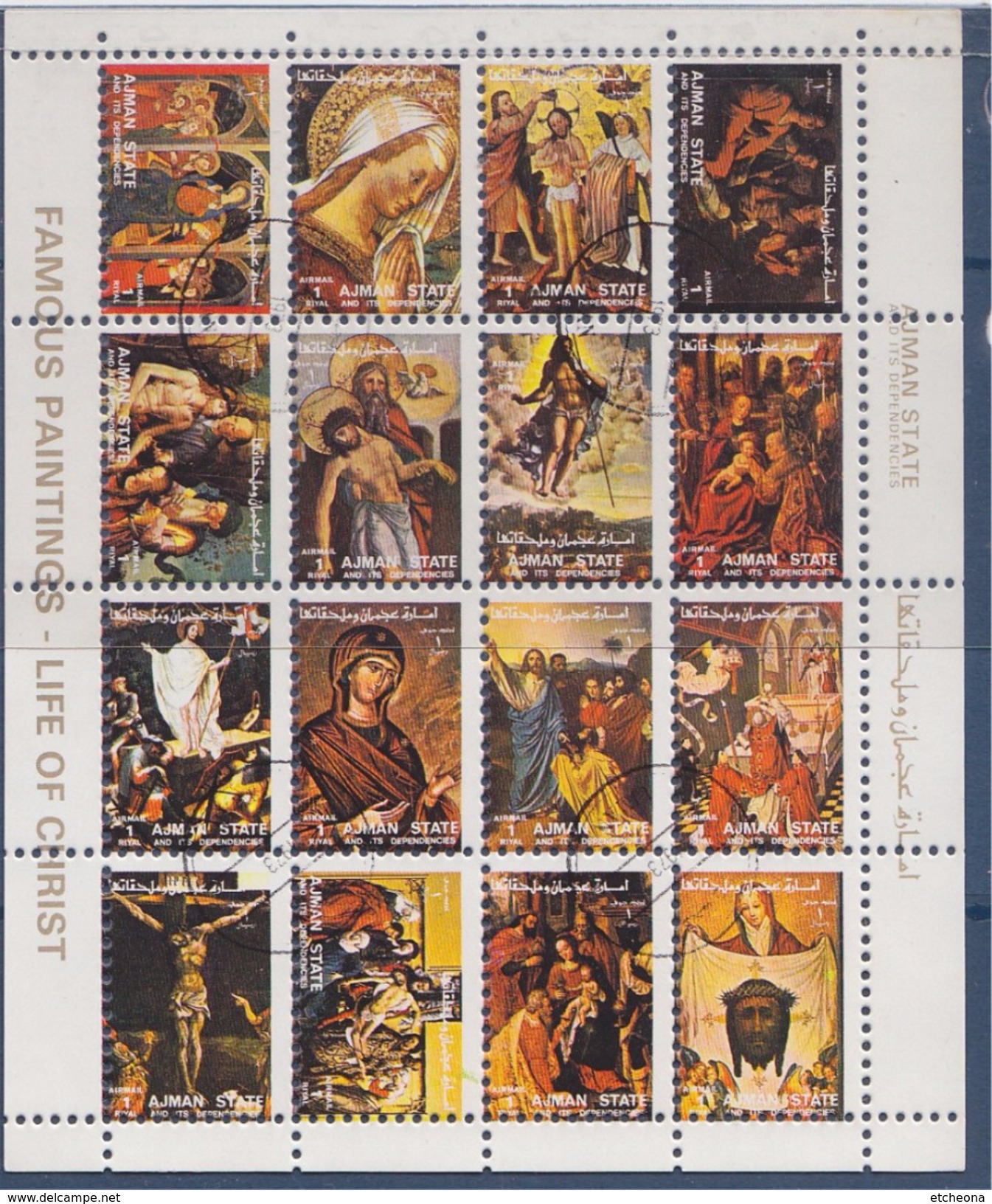 = Bloc Oblitéré 16 Timbres UMM AL QIWAIN Peintures Célèbres Sur La Vie De Christ - Quadri