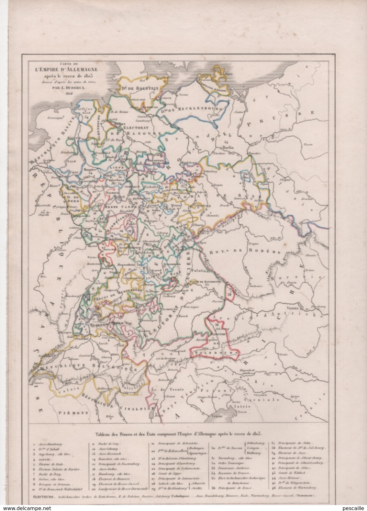 CARTE DE L'EMPIRE D' ALLEMAGNE APRES LE RECEZ DE 1803 DRESSEE D'APRES LES ACTES DU RECEZ PAR L DUSSIEUX 1846 - PRINCES - Landkarten