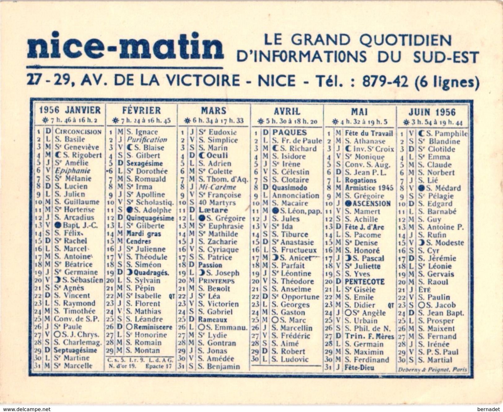 CALENDRIER 1956 ..  PUB. NICE MATIN ... L'ESPOIR ... QUOTIDIEN D'INFORMATIONS DU SUD EST  .. PRESSE - Autres & Non Classés