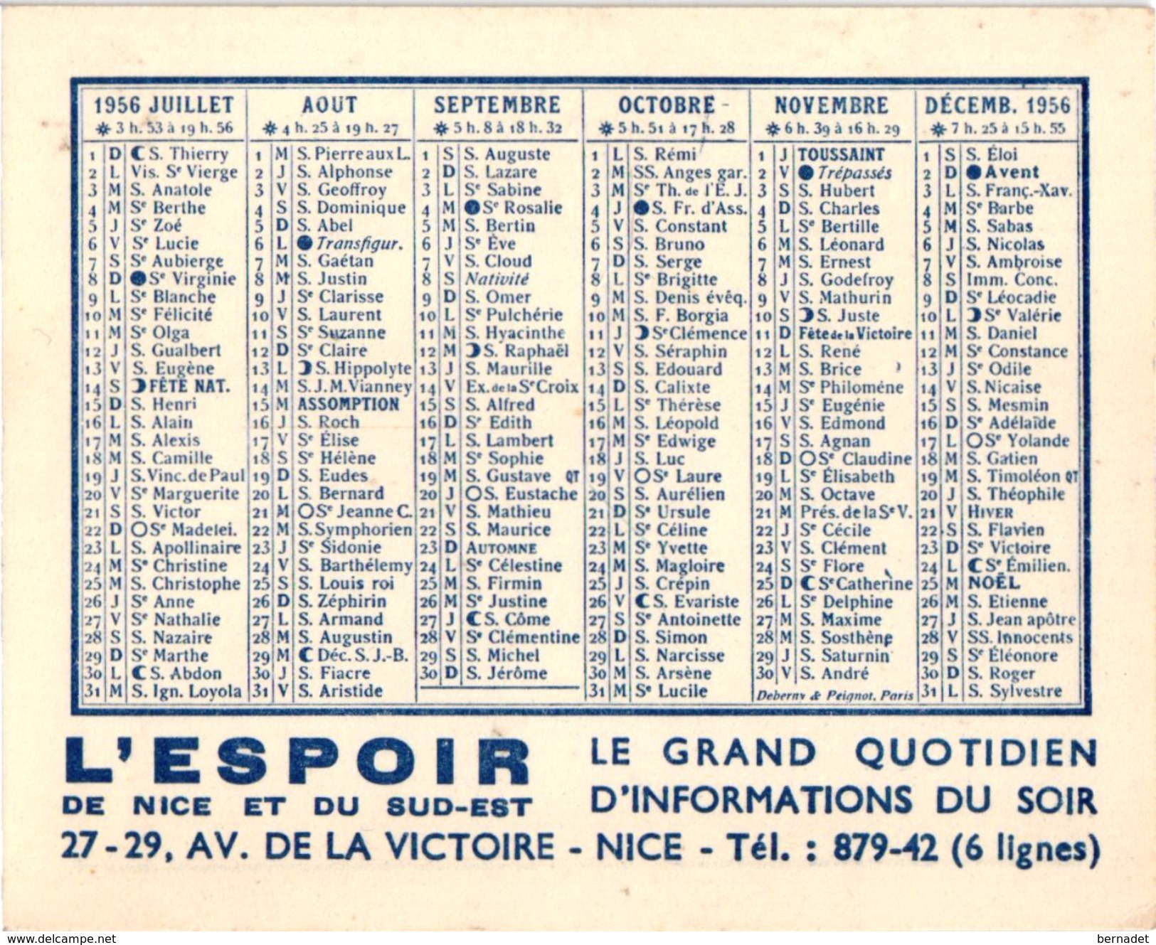 CALENDRIER 1956 ..  PUB. NICE MATIN ... L'ESPOIR ... QUOTIDIEN D'INFORMATIONS DU SUD EST  .. PRESSE - Autres & Non Classés