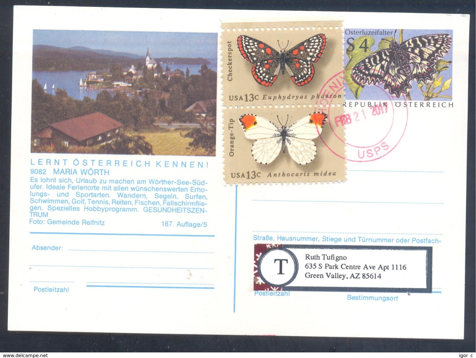 Austria österreich 1989 PS Card MAria Wörth Butterfly Schmetterling Papillon Mariposa Farfalla Osterluzeifalter; USA - Schmetterlinge