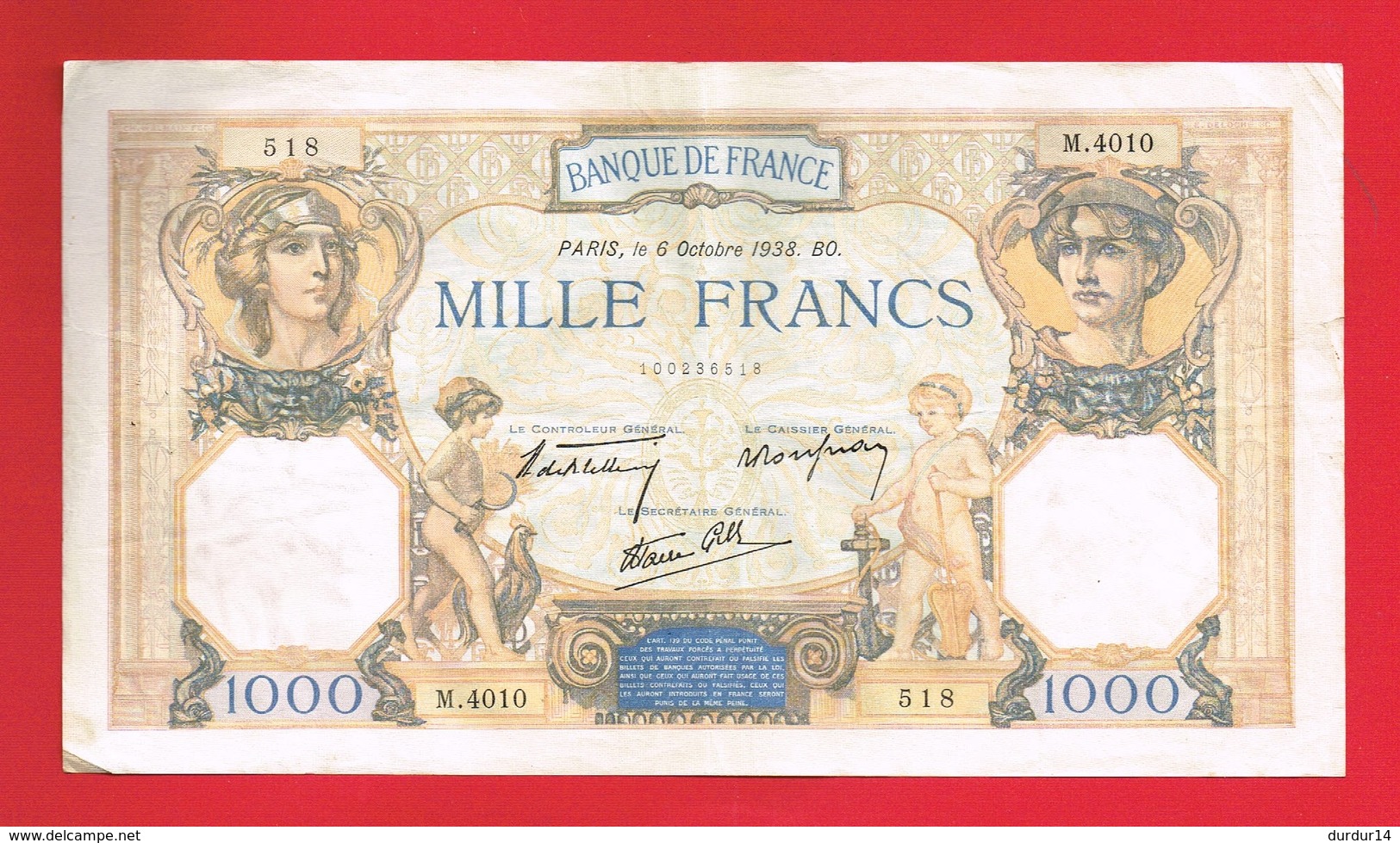 1 Billet De MILLE FRANCS  1000 Francs ... Le 6 Octobre 1938 - BO. M.4010 - 518 ... - 1 000 F 1927-1940 ''Cérès Et Mercure''