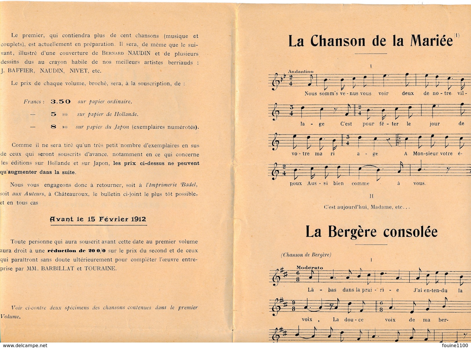 Partition Publicitaire Pour La Préparation " Chansons Populaires Dans Le Bas Berry "  Emile Barbillat Laurian Touraine - Chansonniers