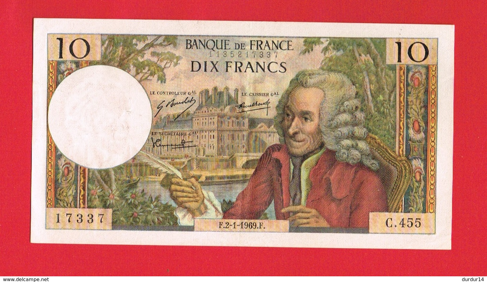 1 Billet De DIX FRANCS 10 Francs ... F.2-1-1969.F - C.455 - 17337 ... - 10 F 1963-1973 ''Voltaire''