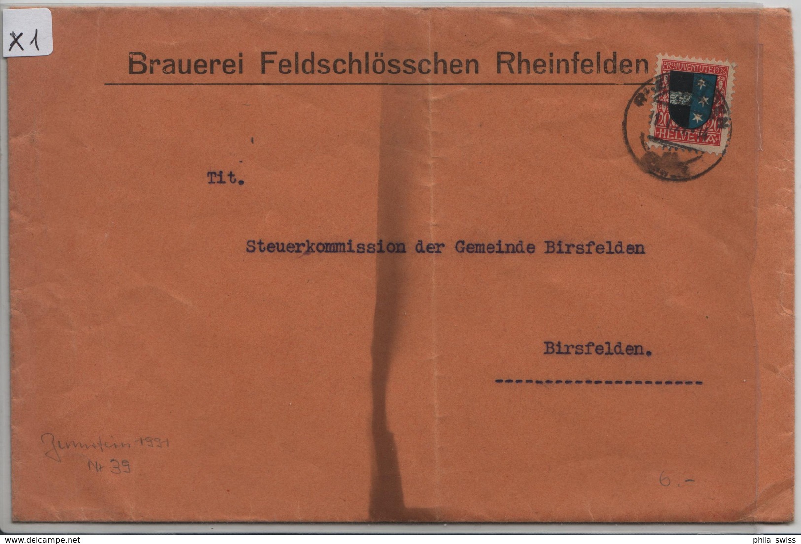 1926 Pro Juventute J39/220 (Brauerei Feldschlösschen Rheinfelden) Nach Birsfelden 11.1.27 - Lettres & Documents