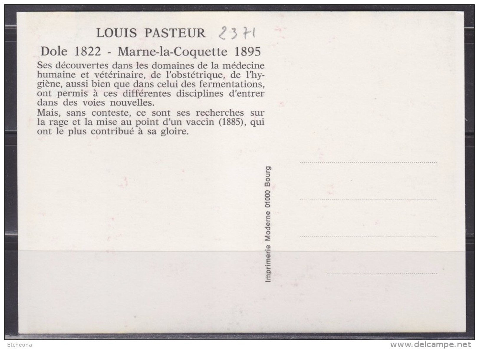 = 1885 Centenairre Du Vaccin Contre La Rage Carte Postale 39 Dole 06.07.85 N°2371 Louis Pasteur - Louis Pasteur