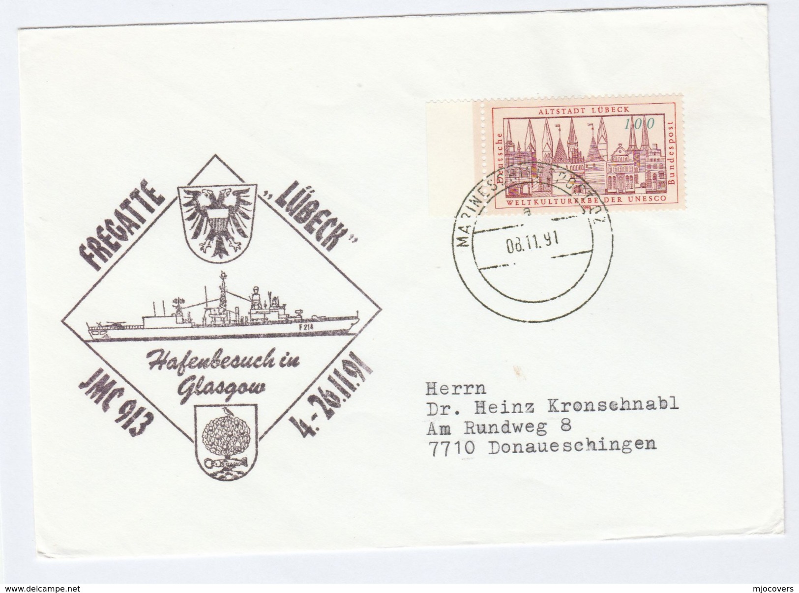 1991 COVER GERMANY NAVY In GLASGOW GB Visit  SHIP Lubeck Marineschiffspost Pmk Stamps - Ships