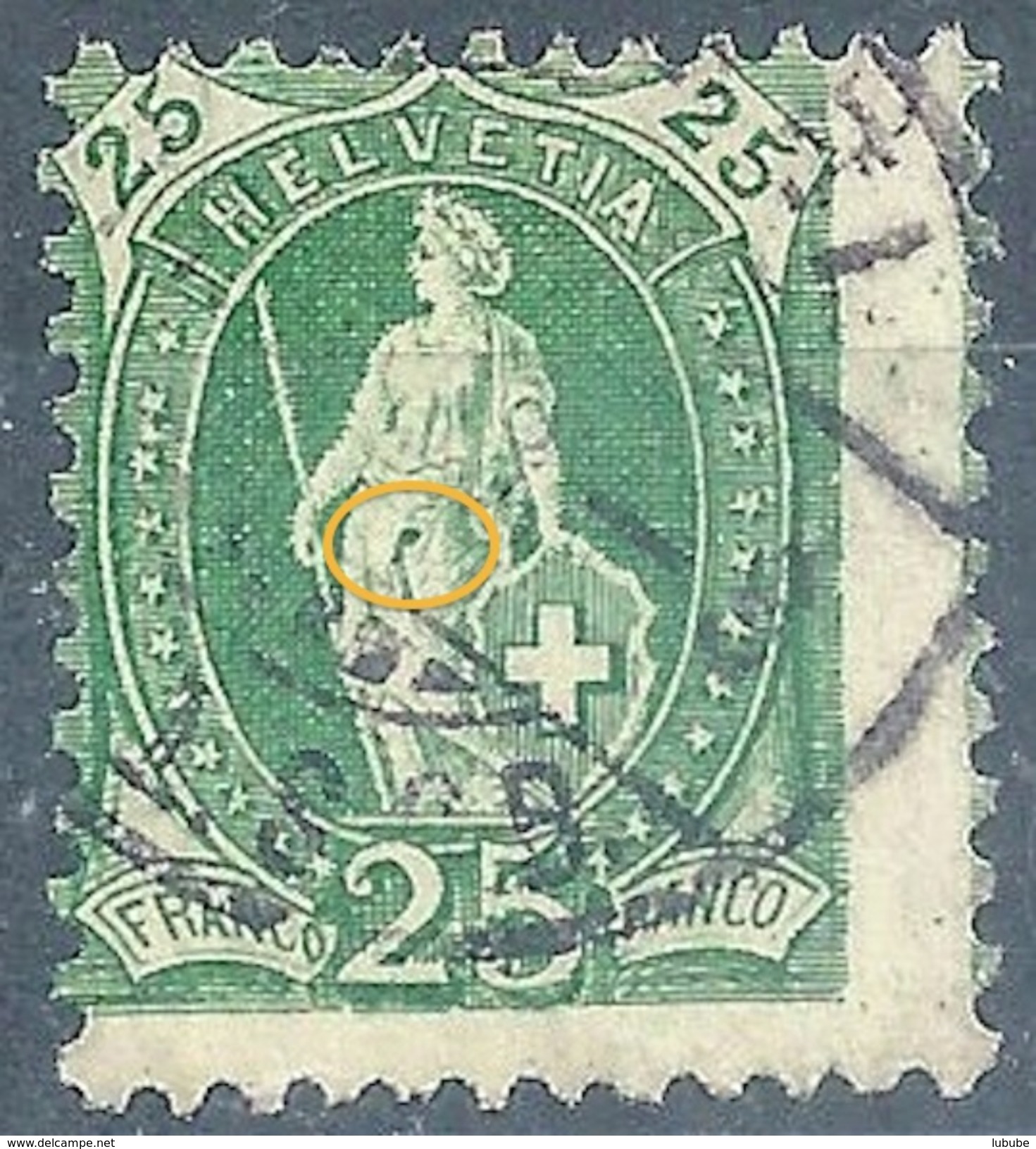 Stehende Helvetia 67D, 25 Rp.grün  Abart           Ca. 1895 - Usati